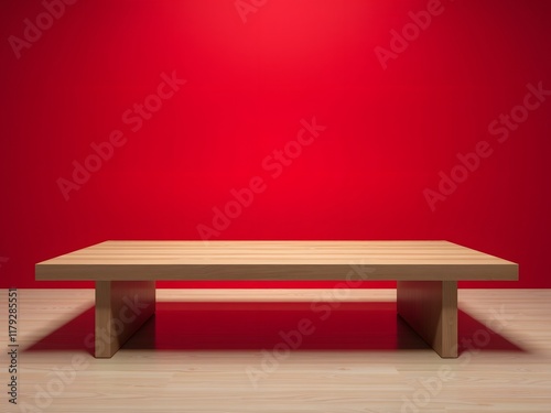 A minimalist wooden table against a vibrant red wall, emphasizing simplicity and design.