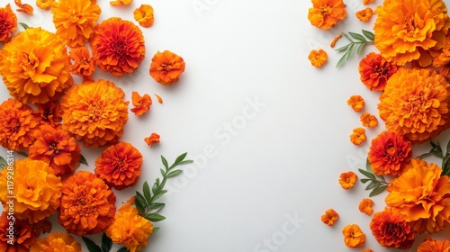 Fototapeta Naklejka Na Ścianę i Meble -  Marigold flowers garland. Traditional composition for Indian Diwali or Mexican Day of Dead. Banner with place for text. Isolated floral design
