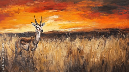 A serene antelope stands amidst tall grass under a vibrant sunset sky.