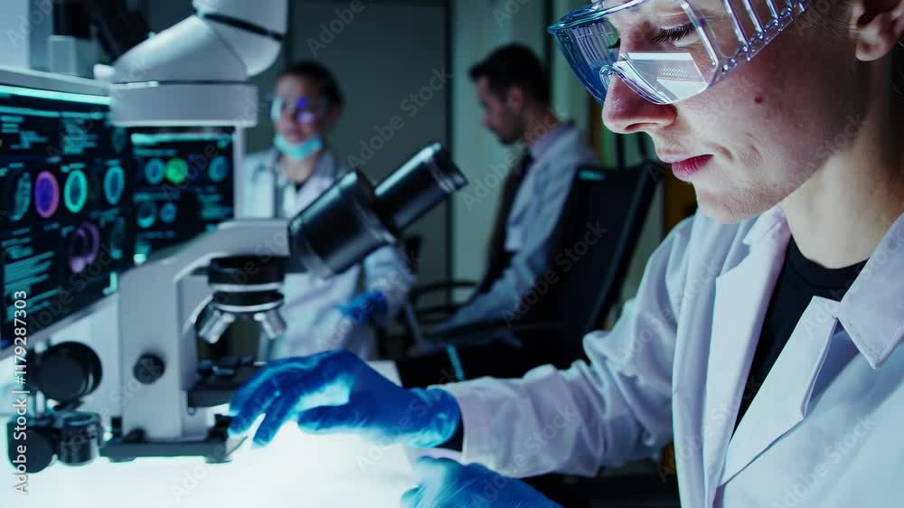 Scientists conduct research using advanced microscopes in a modern laboratory setting Scientists conduct research using advanced microscopes in a modern laboratory setting
