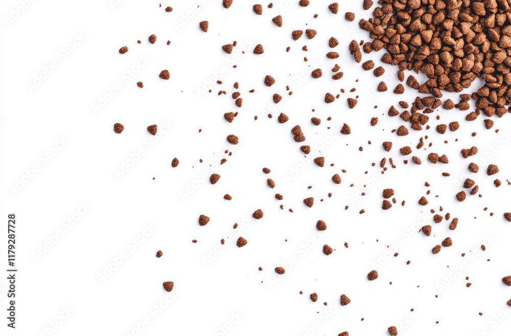 Fototapeta premium Brown coffee granules are spilled across a clean white surface, forming an appealing pattern that highlights the rich texture and color of the coffee