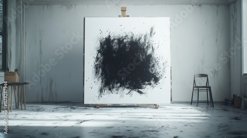 Modern abstract artwork displayed on a large canvas in a minimalistic studio setting with natural light. Generative AI photo