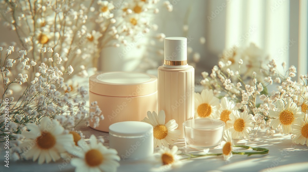 Elegant skincare products arranged with spring flowers on a sunlit table setting for a soothing ambiance. Generative AI Elegant skincare products arranged with spring flowers on a sunlit table setting for a soothing ambiance. Generative AI