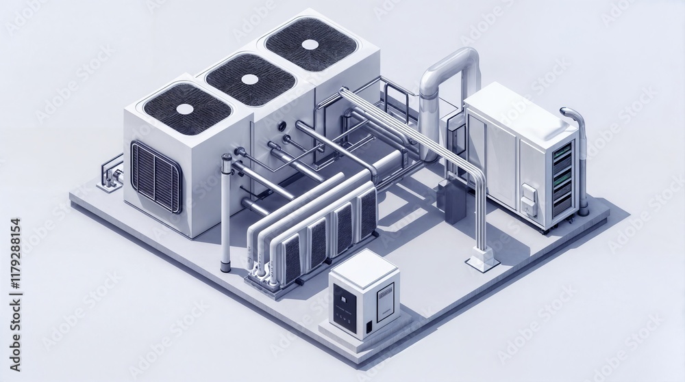 Industrial air conditioning system with pipes and ventilation units on rooftop Industrial air conditioning system with pipes and ventilation units on rooftop
