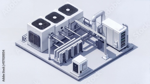Industrial air conditioning system with pipes and ventilation units on rooftop