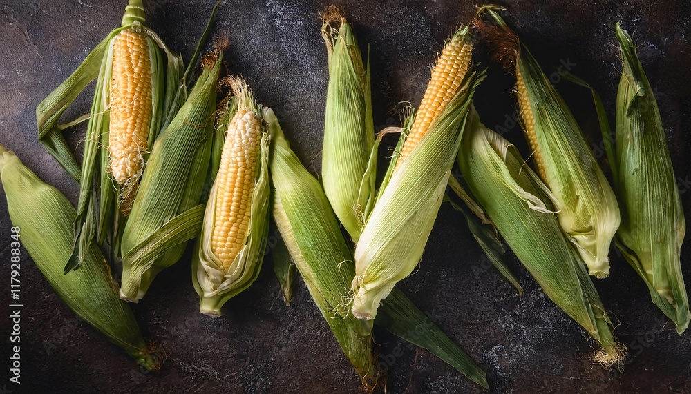 freshly harvested corn cobs with green husks on a dark textured background showcasing natural food and organic produce
freshly harvested corn cobs with green husks on a dark textured background showcasing natural food and organic produce