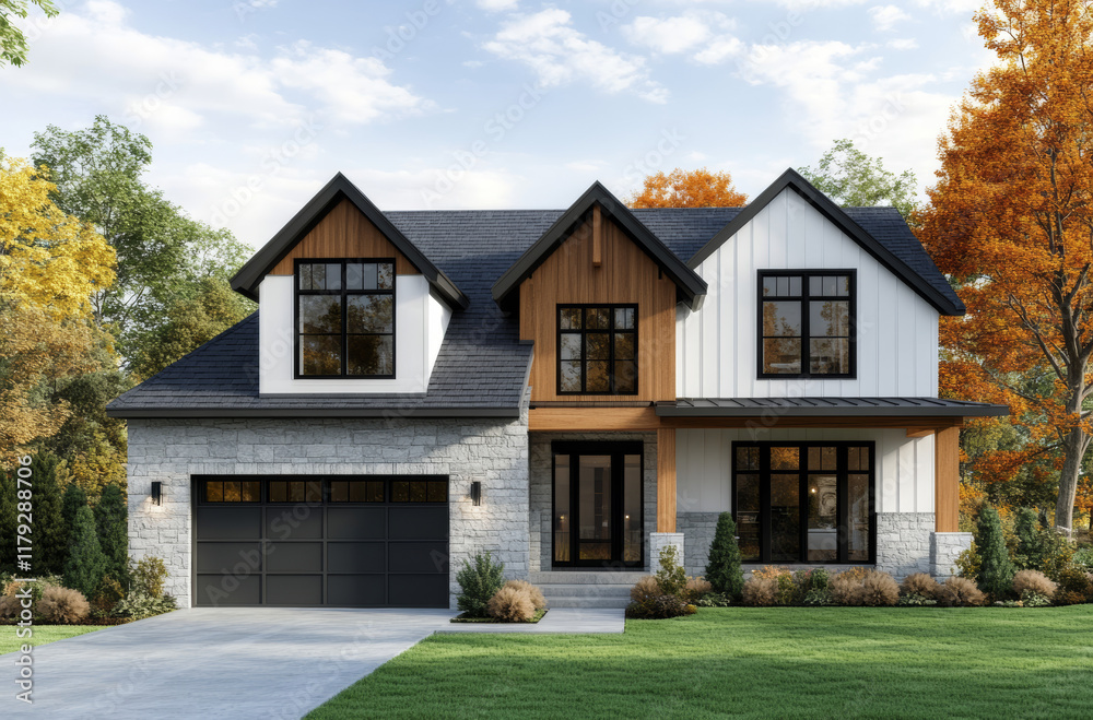 This contemporary house features a striking blend of wood, stone, and siding, surrounded by colorful autumn trees. A well-kept lawn and symmetrical design enhance its curb appeal This contemporary house features a striking blend of wood, stone, and siding, surrounded by colorful autumn trees. A well-kept lawn and symmetrical design enhance its curb appeal