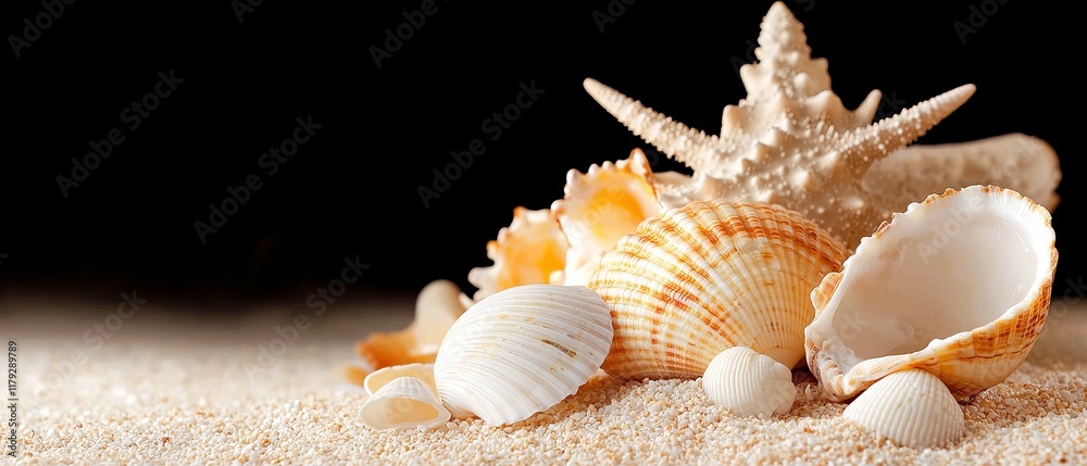 Seashells and Starfish on Sandy Beach Summer Ocean Background Image Seashells and Starfish on Sandy Beach Summer Ocean Background Image