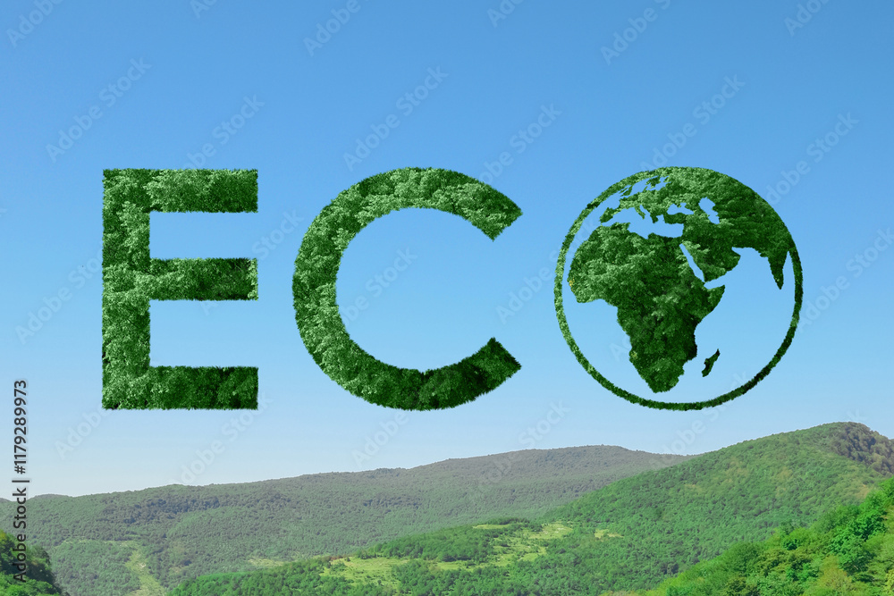 Save Earth. Word Eco with globe instead of letter O against mountain landscape Save Earth. Word Eco with globe instead of letter O against mountain landscape