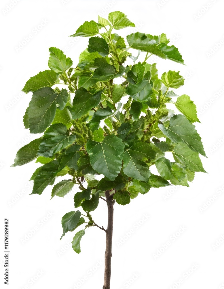 Studio shot of a young mulberry tree with green leaves and small unripe mulberries isolated on white background Studio shot of a young mulberry tree with green leaves and small unripe mulberries isolated on white background