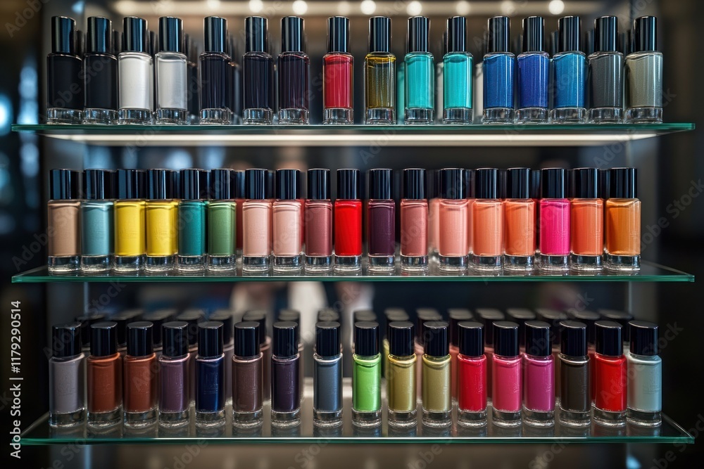 Vibrant display of nail polish bottles in various colors arranged on shelves in a beauty store. Generative AI Vibrant display of nail polish bottles in various colors arranged on shelves in a beauty store. Generative AI
