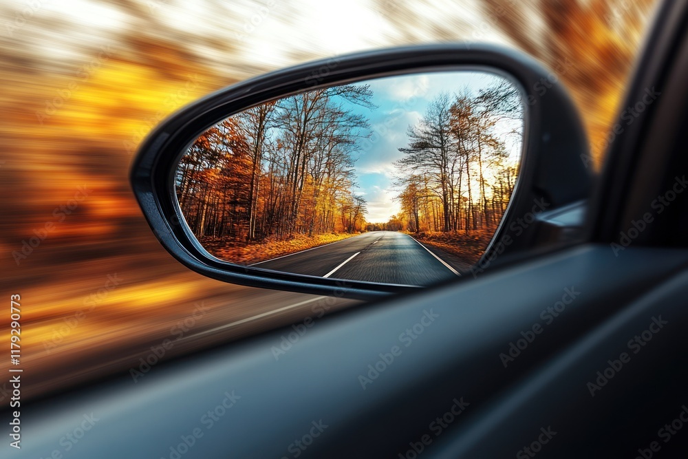 Driving through autumn scenery with blurred trees and a clear road reflected in the side mirror. Generative AI Driving through autumn scenery with blurred trees and a clear road reflected in the side mirror. Generative AI
