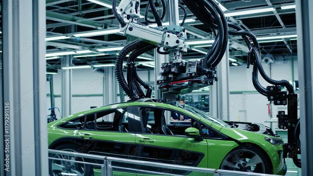 Robotic assembly in action at a modern automotive manufacturing facility