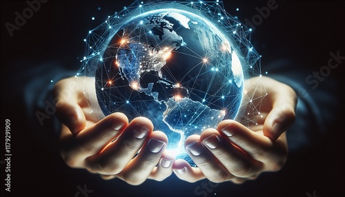 Two hands holding a glowing, digital globe, symbolizing global collaboration, technology, and shared responsibility.