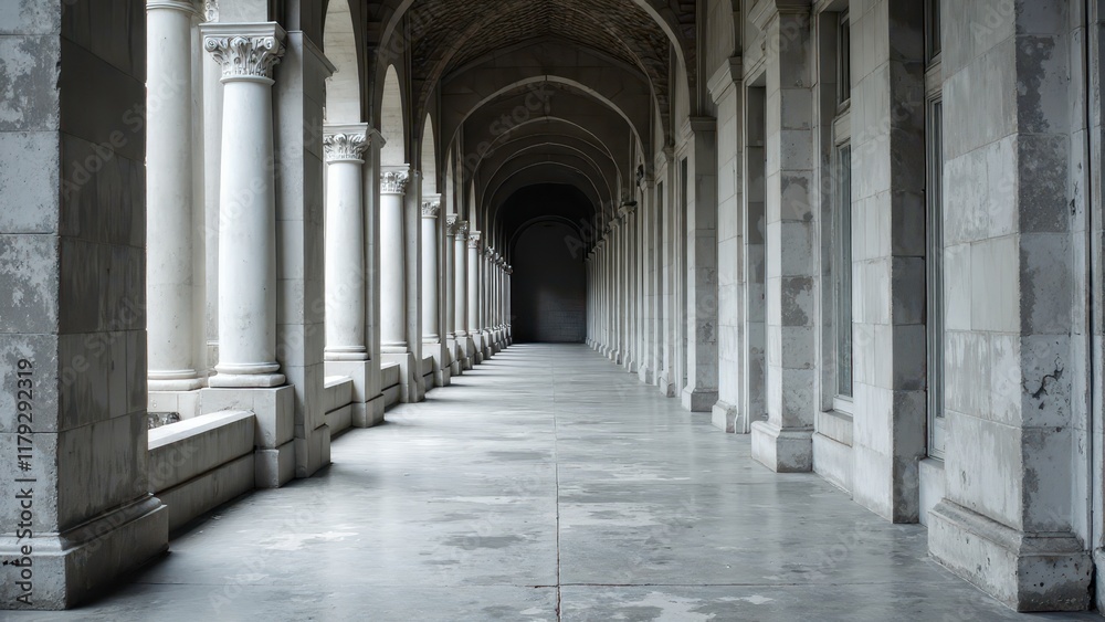A serene grey pavement stretches out, lined by slender concrete pillars that rise from its edge, creating a striking urban landscape A serene grey pavement stretches out, lined by slender concrete pillars that rise from its edge, creating a striking urban landscape