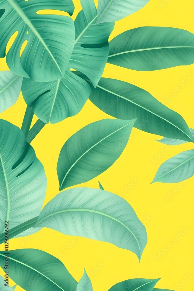 A vibrant design featuring green leaves against a bright yellow background. A vibrant design featuring green leaves against a bright yellow background.