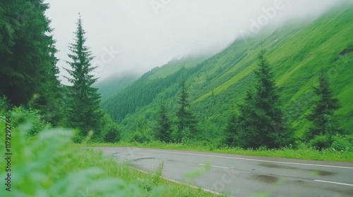 Mountain road in a misty forest.
