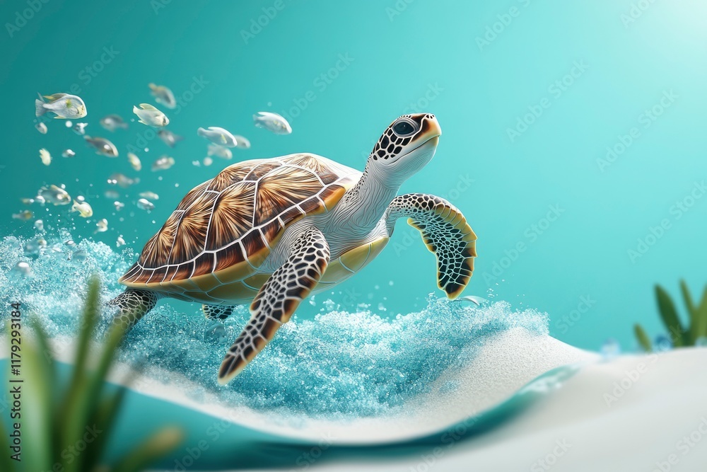 Obraz premium World Oceans Day Landing Page Template With Turtle 3D Rendering 