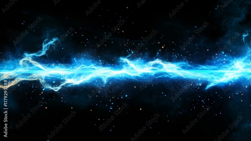 Obraz premium Horizontal neon light beams, blue speed lines, and sparks. 