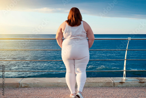 Donna obesa di spalle davanti al mare photo