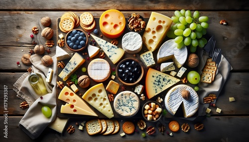 An assortment of cheeses seen from above, highlighting variety and appetizing appearance, ideal for food themes. photo