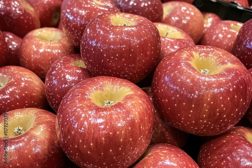 Red apples displayed supermarket produce section photo