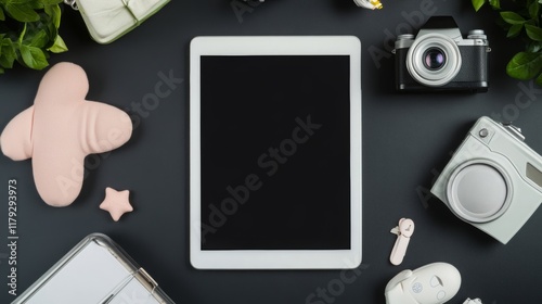 Luxury workspace: blank tablet, camera, copy space on black table, top view. 