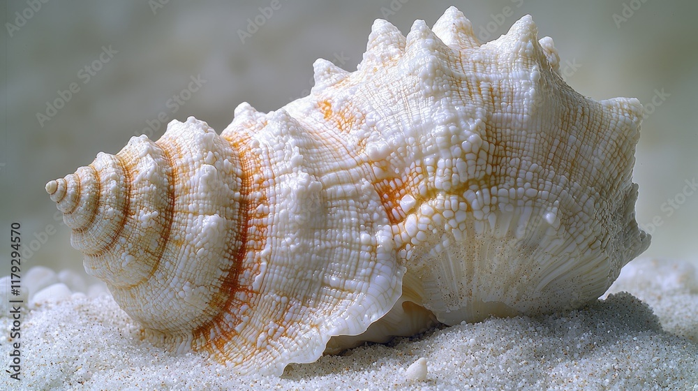 Seashell rests on beach sand, close-up studio shot, blurred background, ocean theme decor. Seashell rests on beach sand, close-up studio shot, blurred background, ocean theme decor.