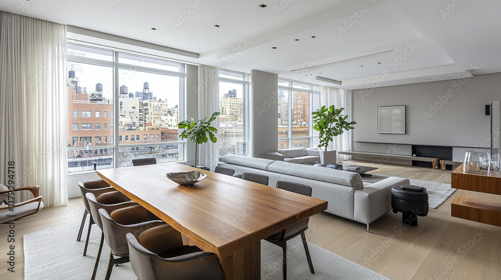 Modern apartment with sleek wooden table and chairs, bright and spacious Modern apartment with sleek wooden table and chairs, bright and spacious