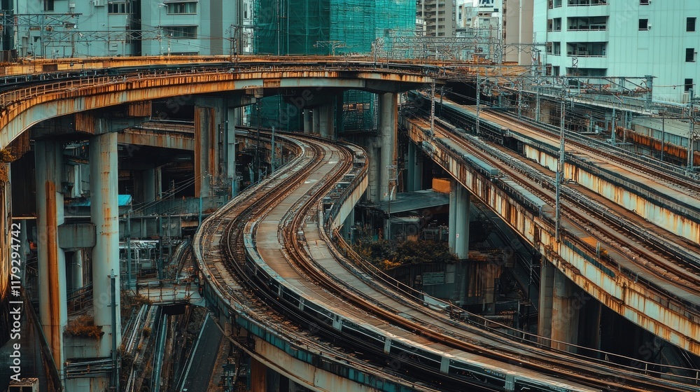A panoramic shot of a sky train system with multiple tracks and intersecting bridges. A panoramic shot of a sky train system with multiple tracks and intersecting bridges.