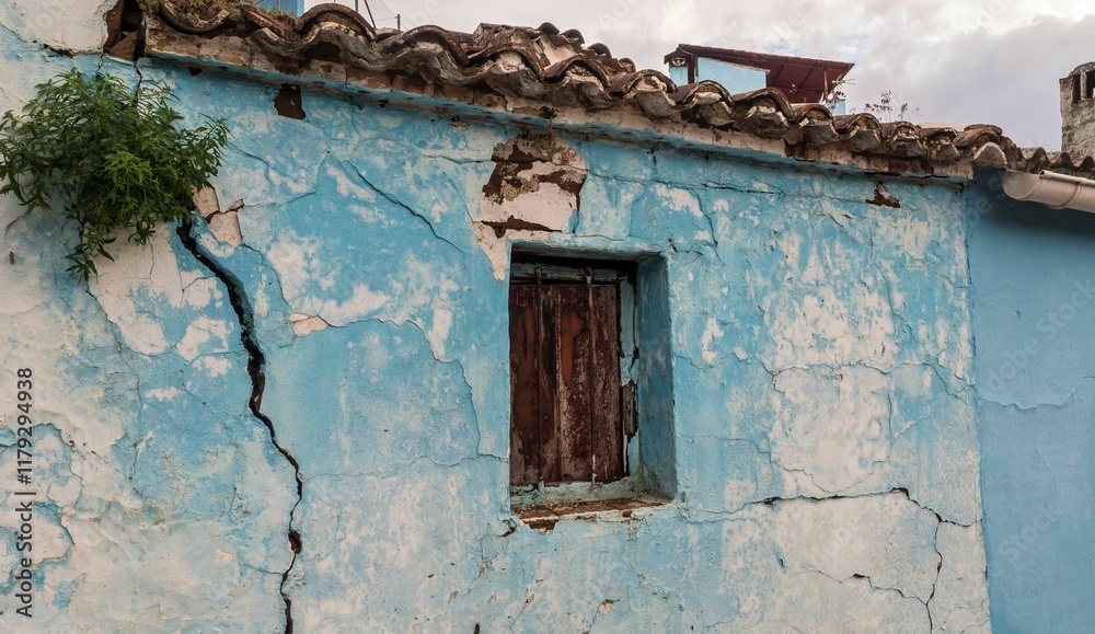 Wooden window in an abandoned house in Juzcar, Malaga, Spain.