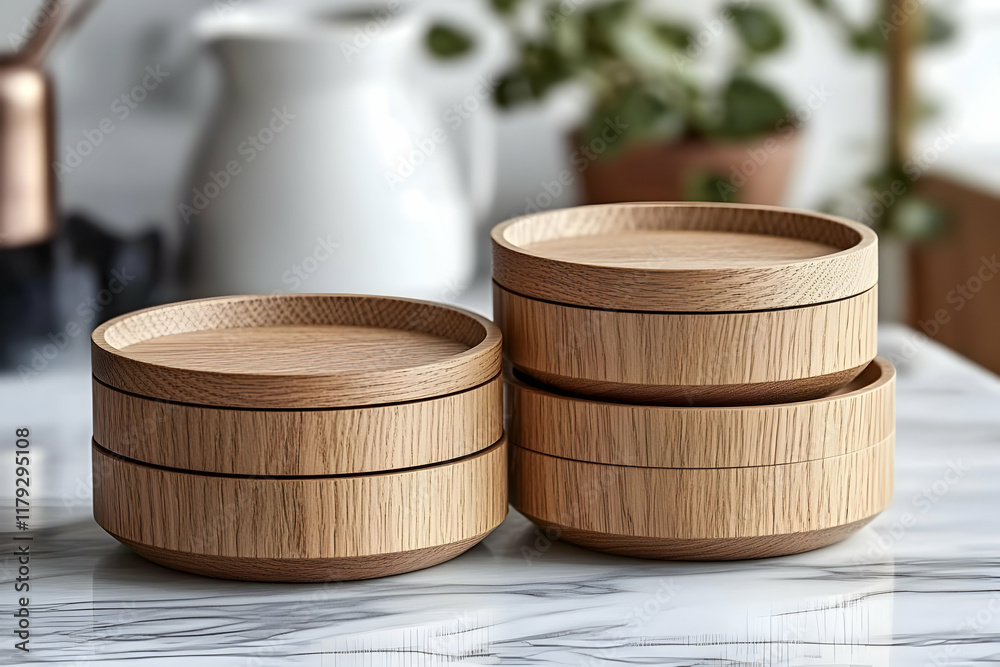 Set of three round, light brown wooden containers with visible wood grain, minimalist design, suitable for home or kitchen decor Set of three round, light brown wooden containers with visible wood grain, minimalist design, suitable for home or kitchen decor