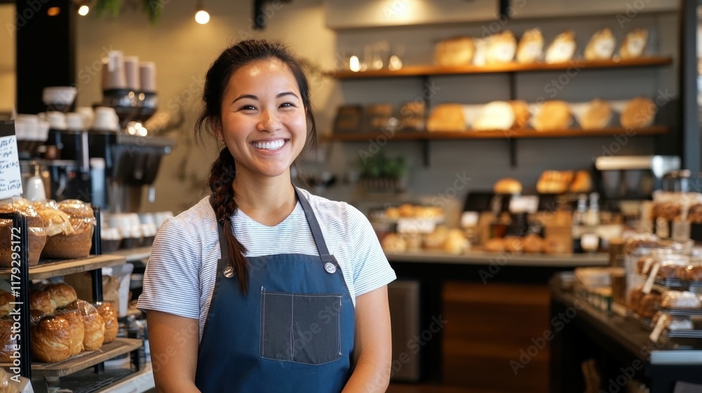 A barista smiles warmly in a blue apron, standing in a cozy coffee shop with a selection of bakery goods in the background, creating a welcoming ambiance. A barista smiles warmly in a blue apron, standing in a cozy coffee shop with a selection of bakery goods in the background, creating a welcoming ambiance.