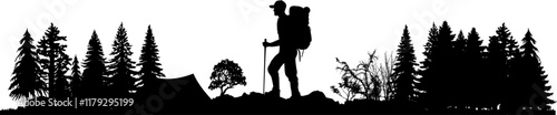 Vektor Silhouette Körper Wanderer in der Natur - Landschaft mit Bäumen Tanne und Gräsern - Design Element Modell isoliert
