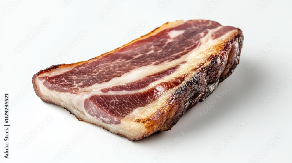 Slice of crispy bacon, perfectly cooked and isolated on a white backdrop Slice of crispy bacon, perfectly cooked and isolated on a white backdrop