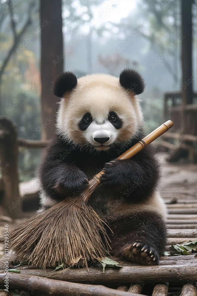 Obraz premium Animal with broom, A whimsical digital illustration of a panda sitting with a broomstick across its lap, showcasing high fidelity and vibrant colors.