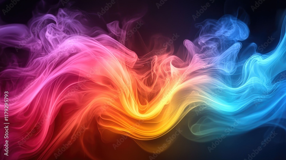 Obraz premium Abstract Colorful Smoke Waves: Dynamic Flowing Background Design. Vibrant Gradient Texture for Digital Art, Graphic Design, and Visuals