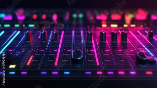 Neon audio equalizers and radial sound waves.