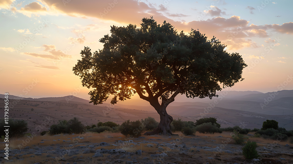 Olive tree in the middle of the desert at sunset Olive tree in the middle of the desert at sunset
