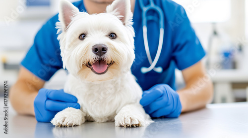 veterinarian in blue scrubs and gloves holds up an adorable white West Highland Terrier dog at the animal hospital for a checkup