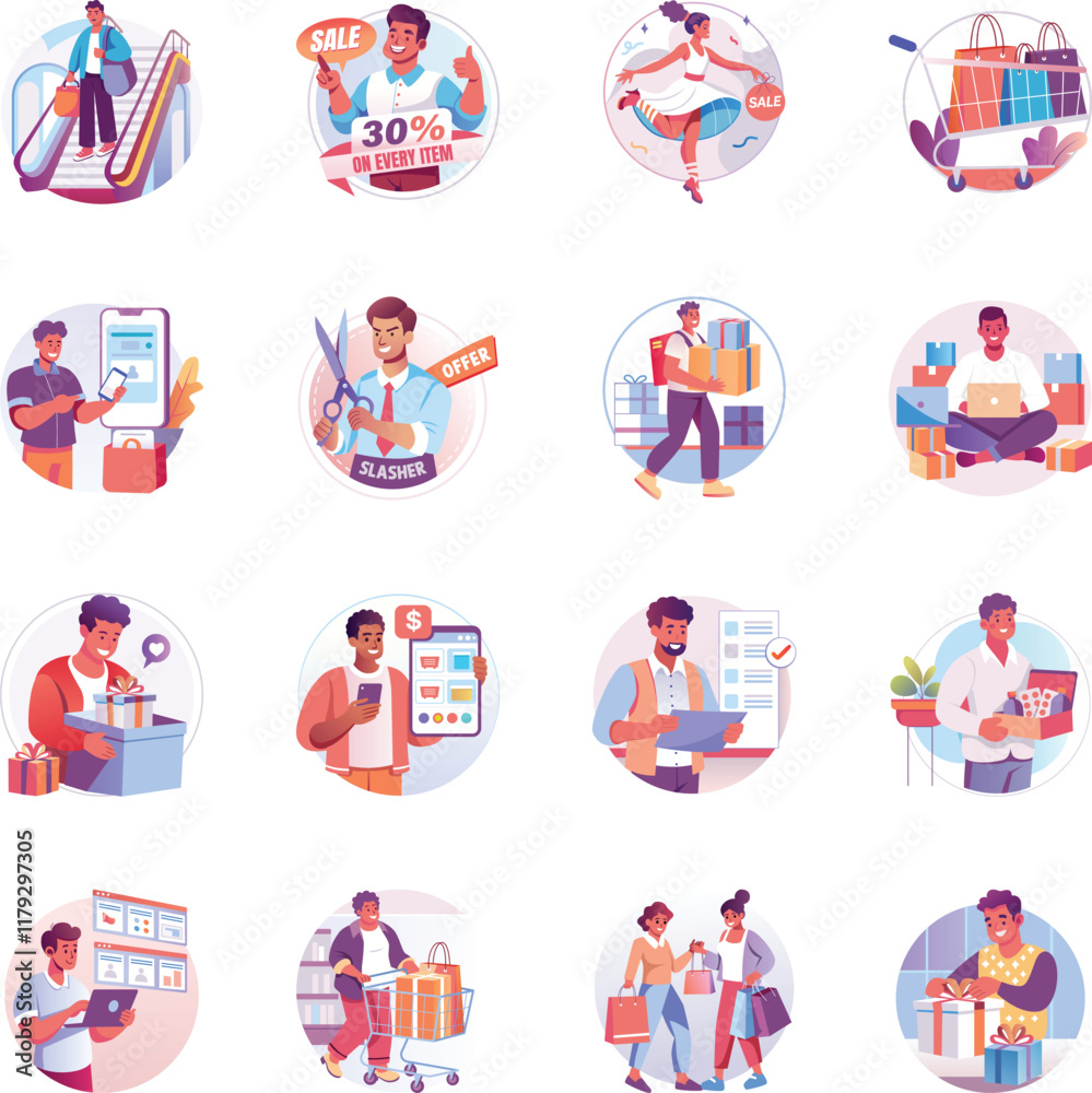 Fototapeta premium Set of Flat Style Black Friday Shopping Illustrations