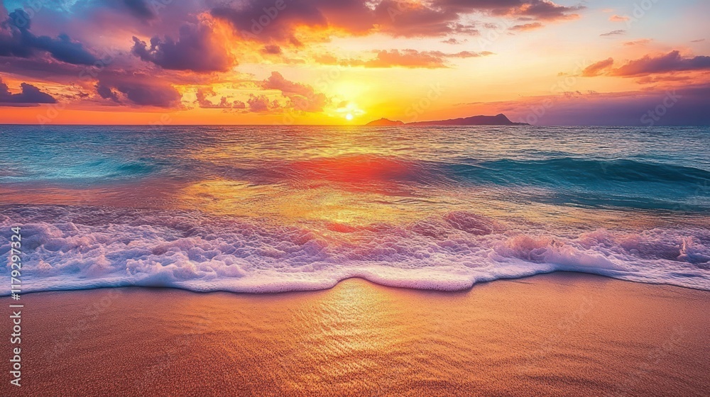 Vibrant sunset ocean waves beach landscape, island background, travel postcard Vibrant sunset ocean waves beach landscape, island background, travel postcard