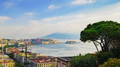 Naples, Italy. Panoramic view from Sant'Antonio to Posillipo of the Gulf of Naples. Mergellina, Castel dell'Ovo, the Lungomare and Viale Gramsci seen from above. Time lapse 4K video.