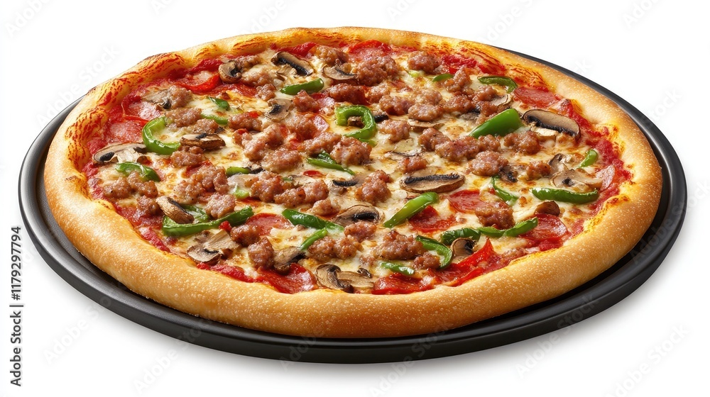 A pizza with sausage, mushrooms, and green peppers on a ceramic plate. A pizza with sausage, mushrooms, and green peppers on a ceramic plate.