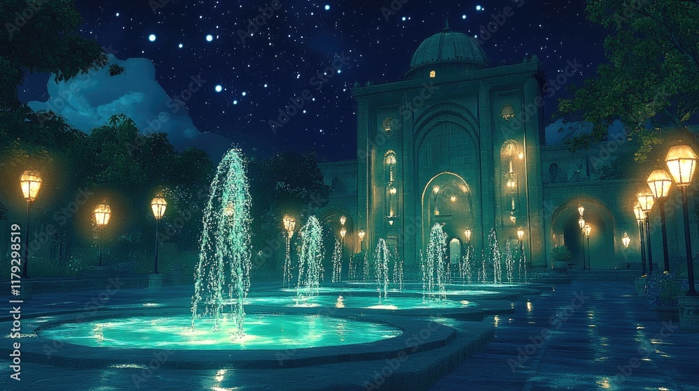 Obraz premium A quiet, modern plaza with glowing fountains and a clear, infinite night sky.