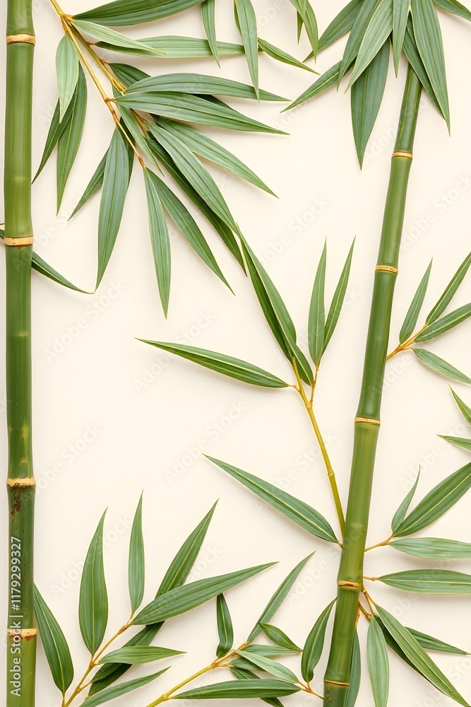 Fototapeta premium A close-up of bamboo stalks and leaves against a neutral background.