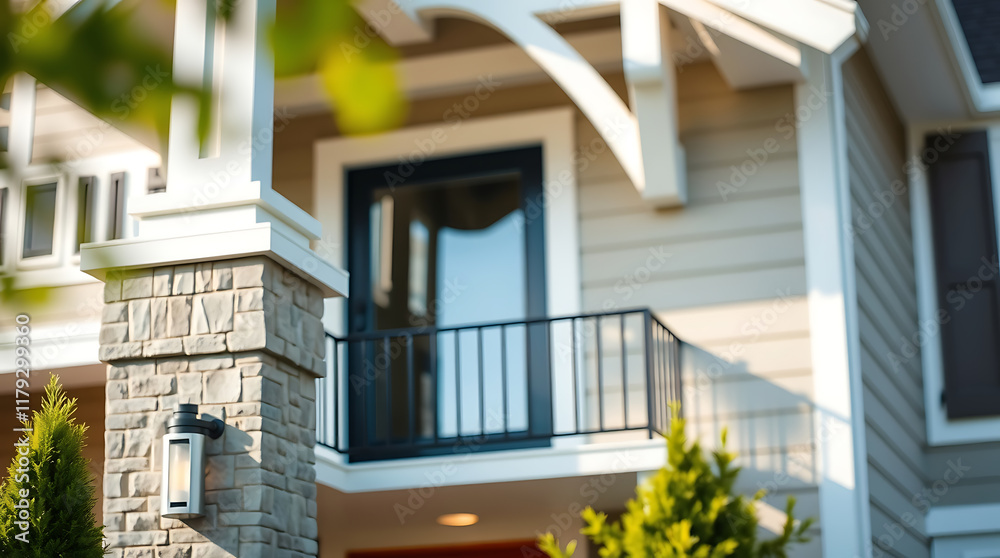 Fototapeta premium A close-up view of a residential home's exterior, focusing on a stone pillar, a black-framed door with a small balcony, and light beige siding. Sunlight illuminates the scene.