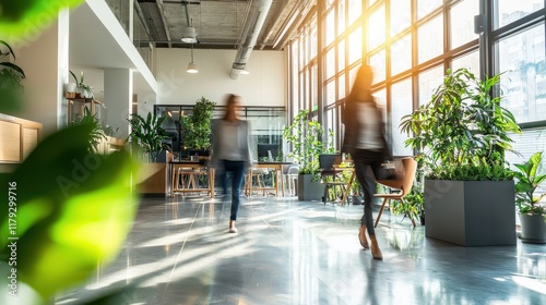 Blurred background of people walking in a modern, eco-friendly office space with natural light and greenery – highlighting sustainability, innovation and a responsible work environment.