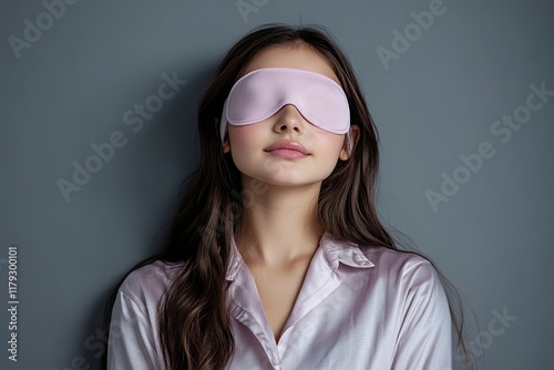 World sleep day. Girl in pajamas and a sleep mask on a gray background. Portrait of a teenager. Mental health, biorhythms, circadian rhythm  photo