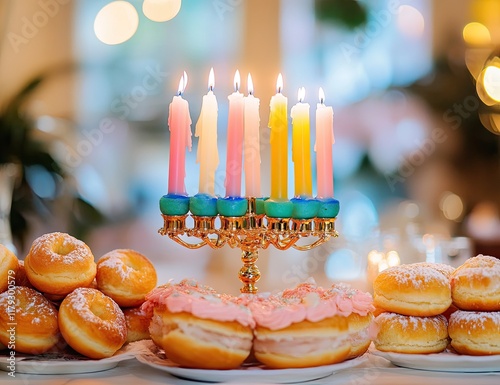 Elegant Hanukkah table setting images featuring festive decorations, menorahs, and traditional foods like latkes and sufganiyot photo